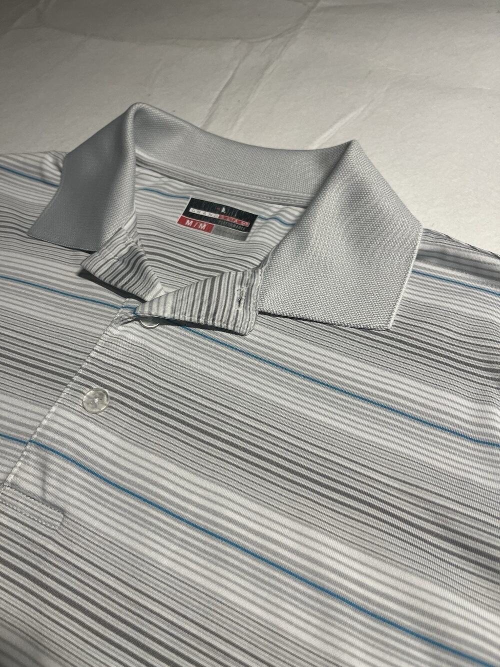 Grand Slam Performance Men’s Medium Golf Polo Shirt Gray Blue Striped Moisture W